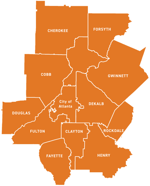 Map of the 11-county Atlanta region including Cherokee, Forsyth, Cobb, Gwinnett, Fulton, Douglas, DeKalb, Clayton, Rockdale, Fayette, Henry, and City of Atlanta