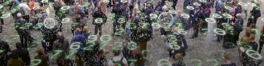 A crowd of people overlaid with data points
